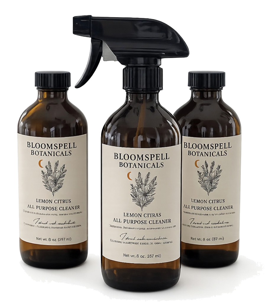 Three amber glass Bloomspell Botanicals All-Purpose Cleaner bottles with spray nozzles.