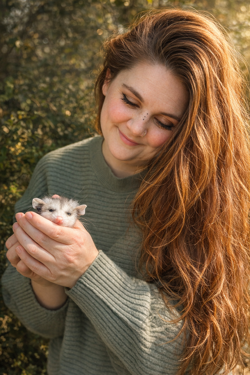 Wildflower holding a baby possum — wildlife rehabilitator